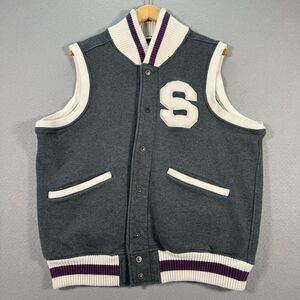 Sean John Varsity Vest Mens Large Gray‎ Button Up Preppy Sport Embroidered Patch